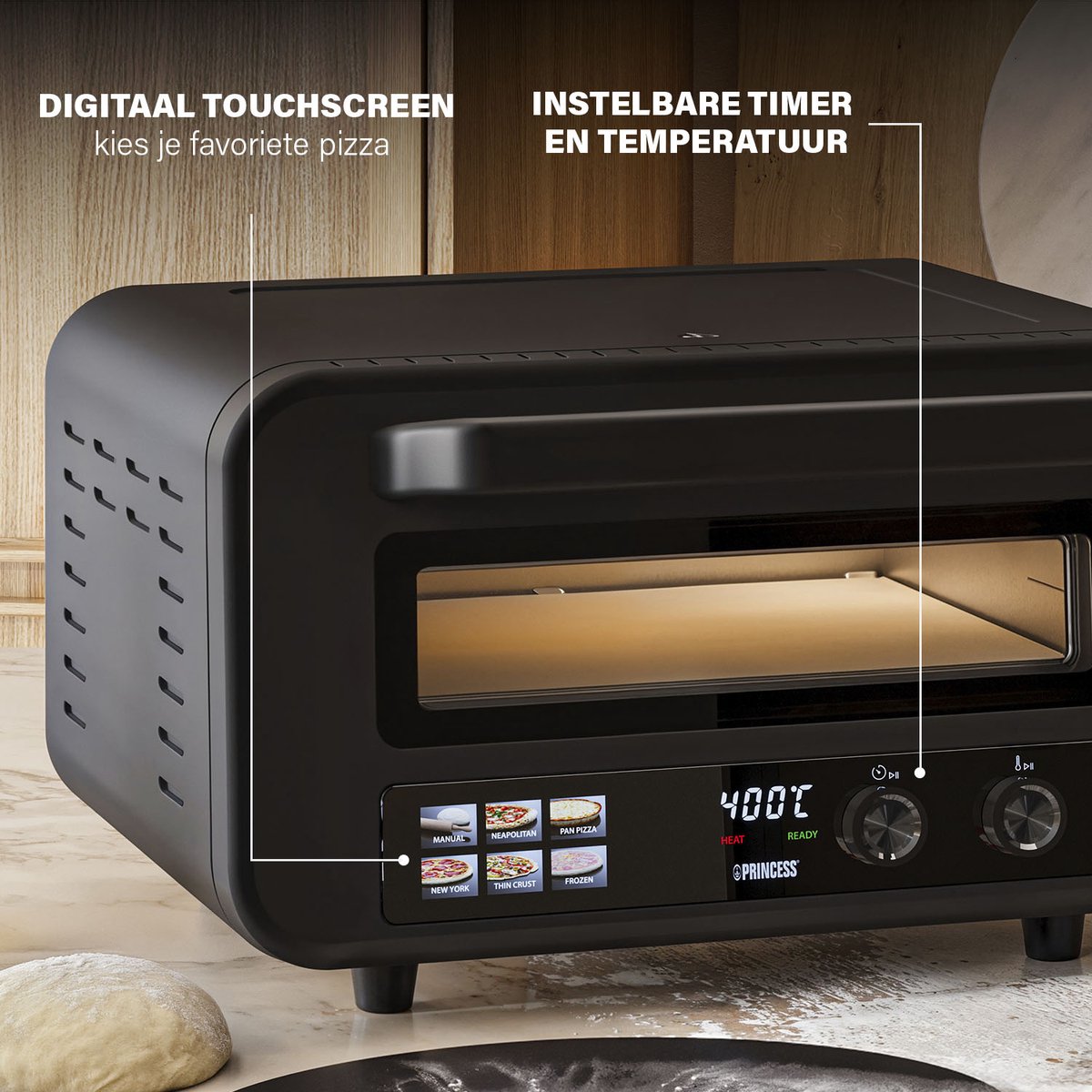 Princess 112780 Pizza Oven Pro Max - Tot 400°C - 2100W - 15 Liter - Pinsa Oven - Elektrische Pizzaoven 30cm - Tafelmodel - Inclusief Natuurstenen Pizzasteen- Digitale bediening - Zwart – foto 7