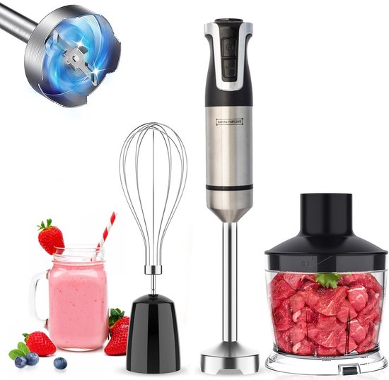 Royalty Line® ESMS800 Staafmixer Set - 3 in 1 Staafmixer - 800W - Hakmolen - Garde - Mixer Met 20 Snelheidsinstellingen + Turbo - RVS / Zwart