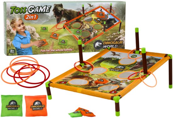 Playos® - Werpspel - 2 in 1 - Dino's - Oranje / Groen - Ringtoss - Arcade Game - Pittenzakjes Werpen - Cornhole - Bean Bag - Zakjes Gooien - Ringen Werpen - Dinosaurus - Dino