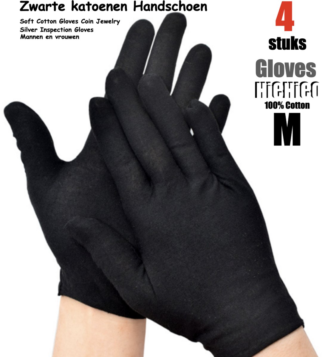 Katoenen handschoenen Zwart medium 4stuks – 2paar Beschermende Handschoenen - Medium - Gezondheidszorg - Ziekenhuis - Beauty Center, Kapper en Salon Spa Tattoo – Jewelry - eczeem / allergie / handcreme - juweliers / munt handschoen