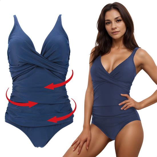 RENALUX - Maillot de bain gainant femme à Bracelets réglables - Maillot de bain gainant - Maillots de bain gainants femme - Bleu foncé - L