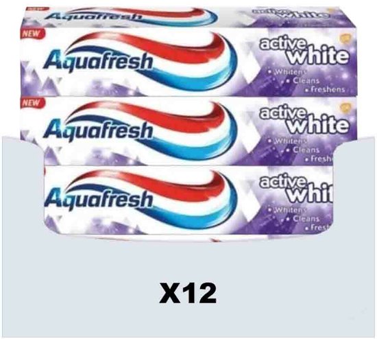 X12 Aquafresh Active White tandpasta met rood, witte en blauwe golven op de verpakking.