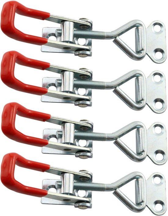 Spansluiting - 4 stuks - Tuimelklemmen - kistensluiting - Scharnier klem - Verstelbare Metalen Sluiting - Meubelsloten - Voor Veiligheid van Kast en doos - Zilver en rood - Gegalvaniseerd ijzer en kunststof