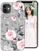 Apple iPhone 11 Backcover - Grijs / Roze - Bloemen - Soft TPU Hoesje