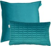 Sierkussen - Kussen Uni Fluweel Teal 50x50 Cm Met Patroon 30x50 Cm Set Van 2 Sierkussens