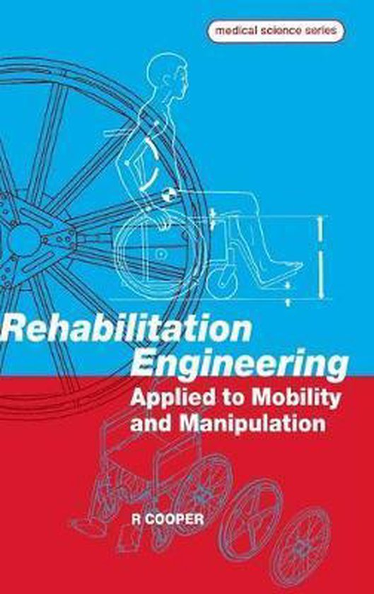 Boekomslag 'Rehabilitation Engineering' met blauwe en rode achtergrond, lijntekening van een rolstoelgebruiker.