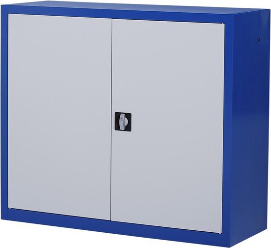 Gesloten blauwe metalen kast met twee lichtgrijze deuren en een centraal slot.