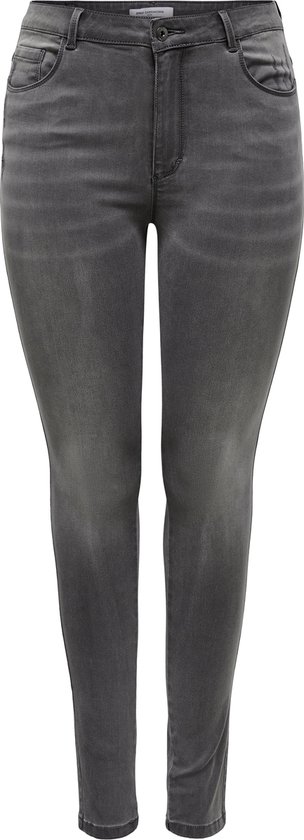 Voorkant van een effen grijze skinny jeans met knoopsluiting.