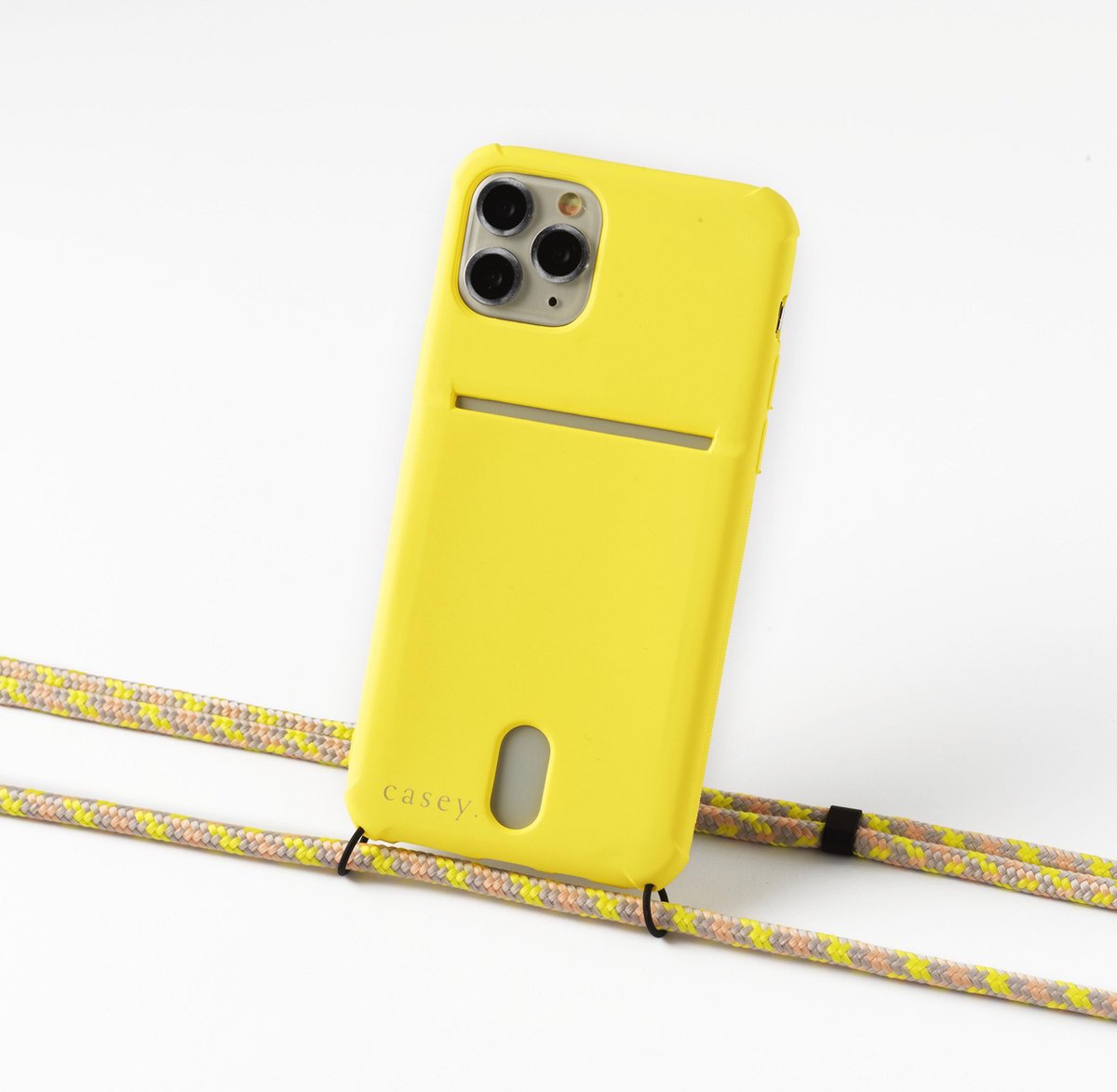 Apple iPhone X / XS silicone hoesje geel met koord camouflage yellow en ruimte voor pasje