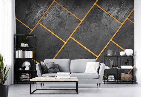 Papier peint photo Concrete XXL - Géométrique Industriel - 368 x 254 cm - or gris-jaune