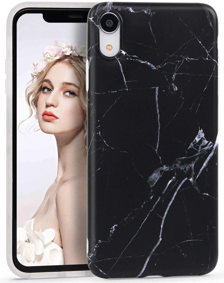 Geschikt voor Apple iPhone XR Backcover - Zwart - Marmer - Soft TPU hoesje