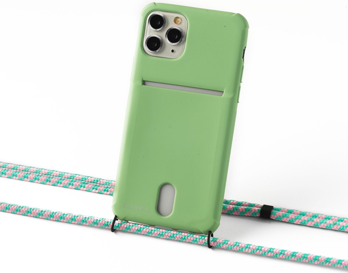 Samsung S10 plus silicone hoesje groen met koord mint camouflage en ruimte voor pasje