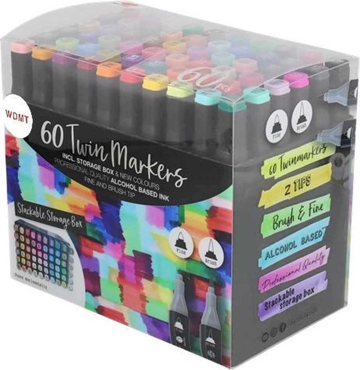 60 TWINMARKERS PROFESSIONAL QUALITY, ALCOHOL BASED INK COLOURS: BRUSH &  FINE TIP