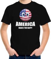 America makes you happy landen t-shirt Amerika met emoticon - zwart - kinderen - USA landen shirt met Amerikaanse vlag - WK / Olympische spelen outfit / kleding 146/152