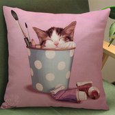 Kussenhoes kat. Roze kussenhoes lieve poes. Kussenhoes voor meisje of dame. 45x45