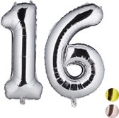 Relaxdays 1x folie ballon 16 - cijfer ballon - groot - xxl ballon - verjaardag - zilver