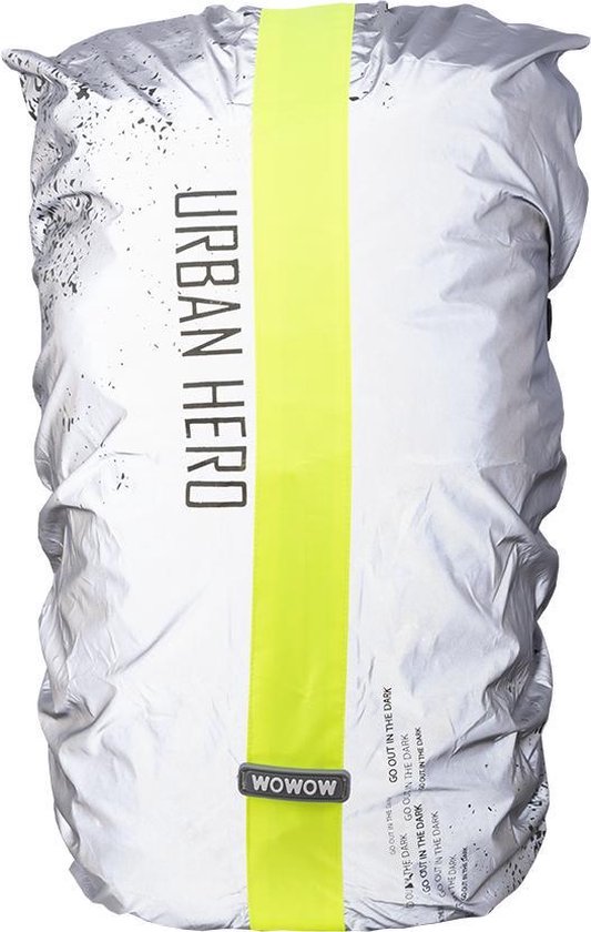 Sac argenté avec bande jaune et texte "URBAN HERO" et "WOWOW".