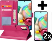 Hoesje Geschikt voor Samsung A71 Hoesje Book Case Hoes Portemonnee Cover Walletcase Met 2x Screenprotector - Hoes Geschikt voor Samsung Galaxy A71 Hoes Bookcase Hoesje - Donkerroze