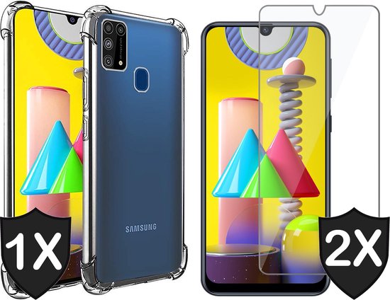 Hoesje geschikt voor Samsung Galaxy M31 - 2x Screen Protector FullGuard - Back Cover Case ShockGuard Transparant & Screenprotector