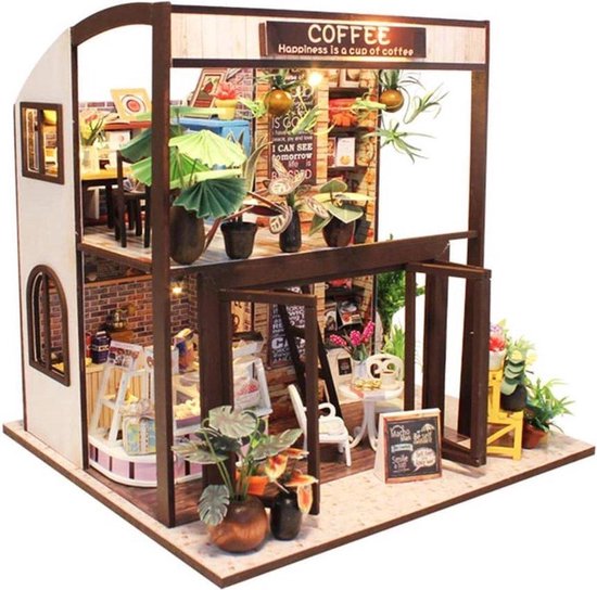 Modelbouw Pakket - Coffee House - Bouwpakket - DIY Dollhouse - Houten Modelbouw - Met LED licht