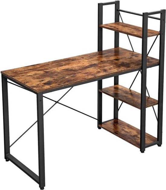 MIRA Home - Bureau - Computertafel met planken - Thuiskantoor - Industrieel - Vintage - Bruin/zwart - 60x120x76/120