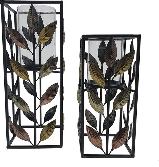 Viv! Home Luxuries Windlicht - 2 stuks - Glas en metaal - zwart goud roségoud - topkwaliteit