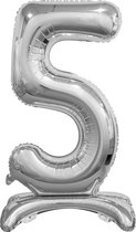 Folie ballon cijfer 5 zilver - met standaard - 76 cm