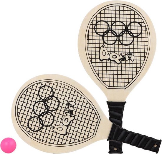 Houtkleurige beachball set met tennisracketprint buitenspeelgoed - Houten beachballset - Rackets/batjes en bal - Tennis ballenspel - Merkloos