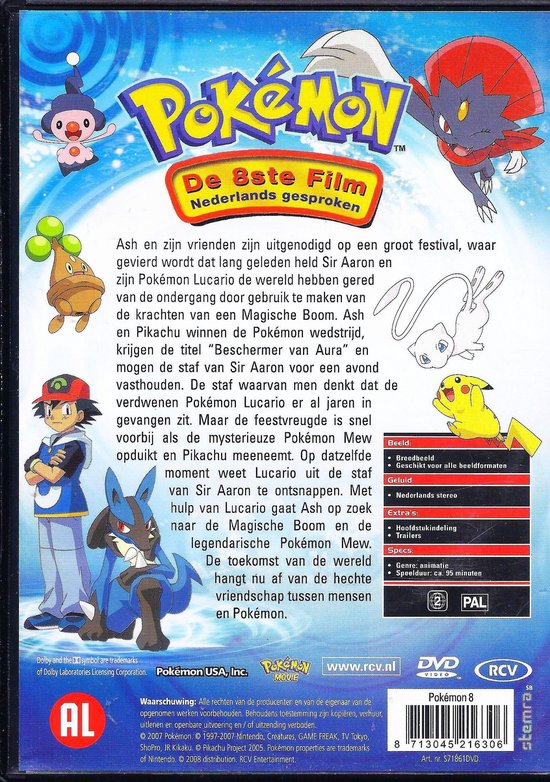Achterkant van de Pokémon 8 dvd "De Beste Film". Toont de poster met Ash, Pikachu, Lucario, Mew en andere Pokémon. Nederlandse versie.