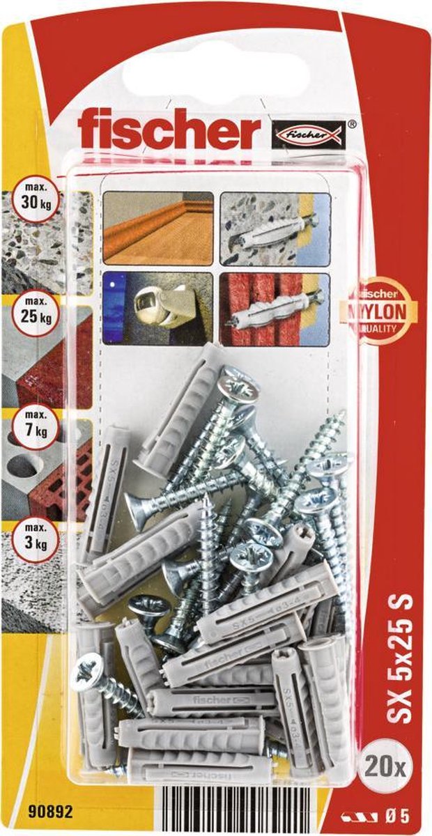 Fischer SX 5x25 S nylon pluggen en schroeven (25 stuks)