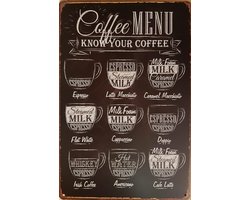 Coffee Menu Koffie Reclamebord van metaal METALEN-WANDBORD - MUURPLAAT - VINTAGE - RETRO - HORECA- BORD-WANDDECORATIE -TEKSTBORD - DECORATIEBORD - RECLAMEPLAAT - WANDPLAAT - NOSTALGIE -CAFE- BAR -MANCAVE- KROEG- MAN CAVE