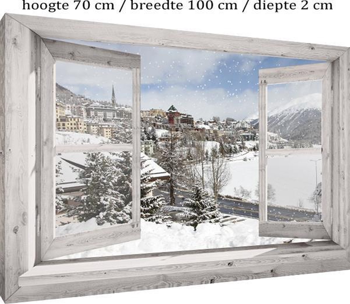 Buitencanvas op houten frame gespannen - 70x100x2 cm - Wit venster met  uitzicht bergen... | bol.com