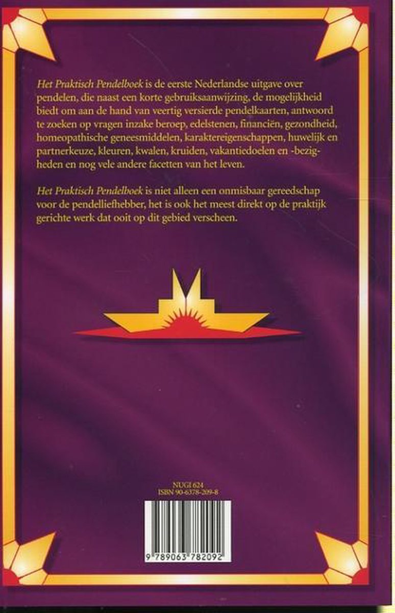 Achterkant van Praktisch Pendelboek met gouden rand, paarse achtergrond en zilveren en gele ster-achtige decoraties. Barcode onderaan.