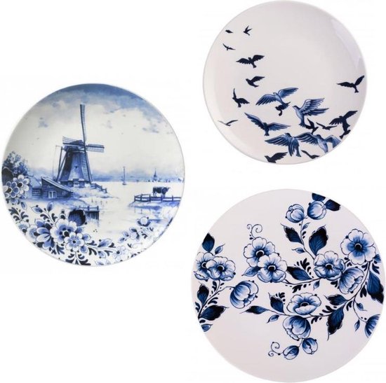 Wandborden - set van 3 - incl. ophangsysteem - Delfts blauw keramiek - Molen - Vogels - typisch Nederlands - sierbord - wanddecoratie - muurdecoratie - Holland souvenir