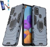 Samsung Galaxy A21s Robuust Kickstand Shockproof Grijs Cover Case Hoesje - 1 x Tempered Glass Screenprotector ATBL