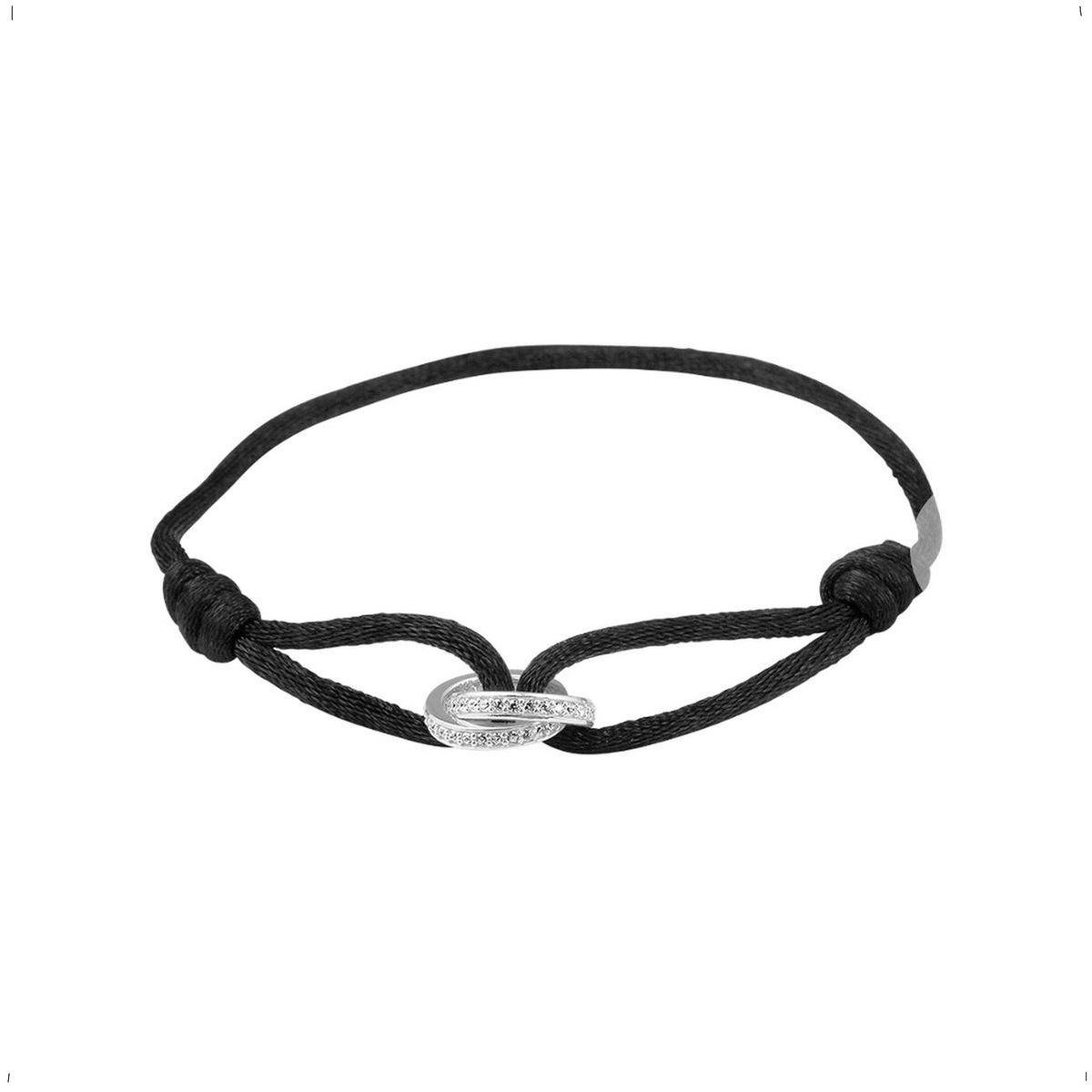 YO&NO - Armband - Zilver - Satijn - zwart - Dubbel Ring - Zirkonia - 26cm - 11,7mm - Sieraden Vrouw - Gerhodineerd - Zilver 925