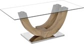 Design salontafel 120 cm met rechthoekig glazen blad en MDF- en eikenkleurig metalen frame