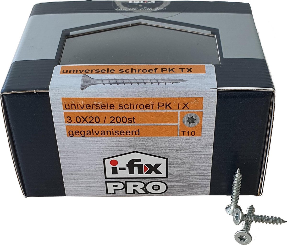 Universele Hardhoutschroef. professional. Platkop-Torx-T10. 3.0x20mm. lang. Verzinkt. 200 schroeven. Ifix-Pro.