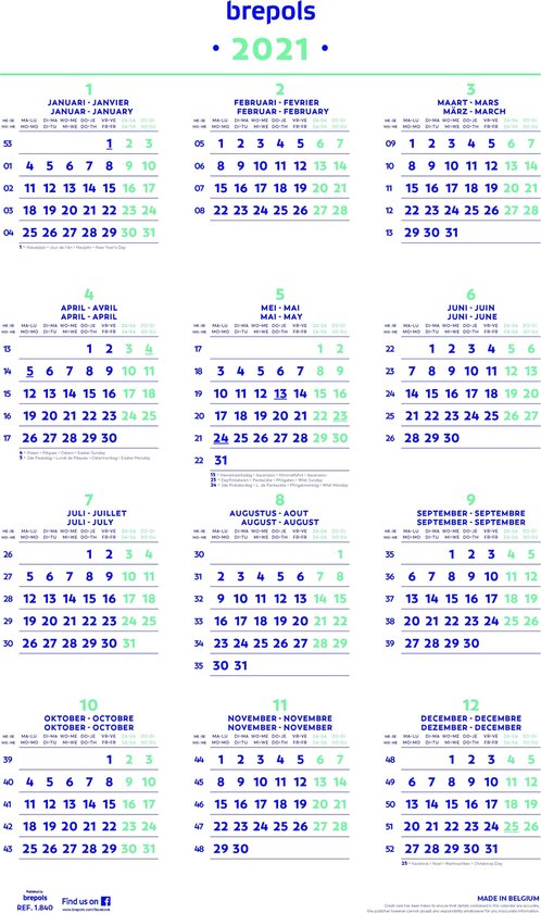 Kalender 2021 Met Feestdagen Bol Com Brepols Kalender 2021 Jaarkalender Poster 40 X 60 5 Cm Overzicht Feestdagen En