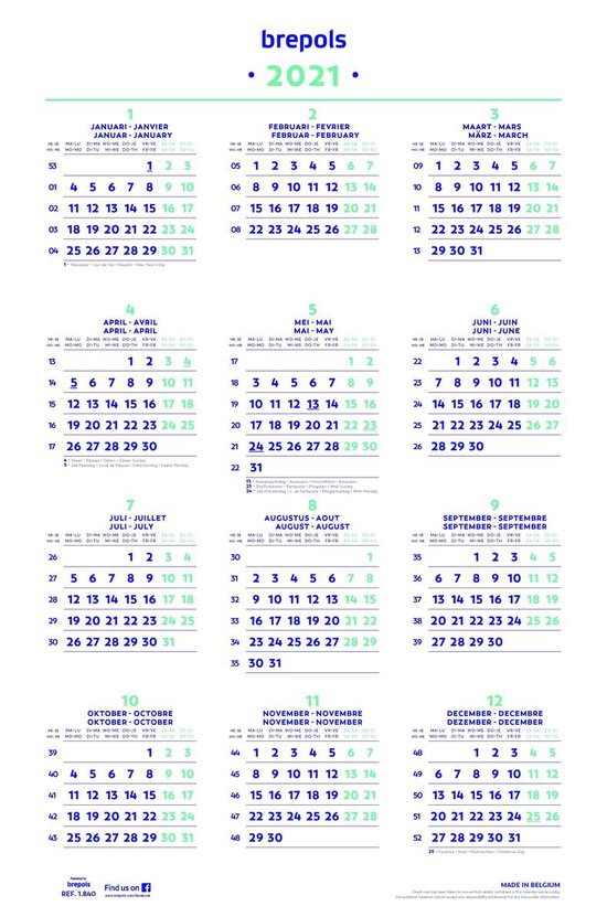 Kalender 2021 • Jaarkalender poster • 40 60,5 cm • overzicht feestdagen en... bol.com