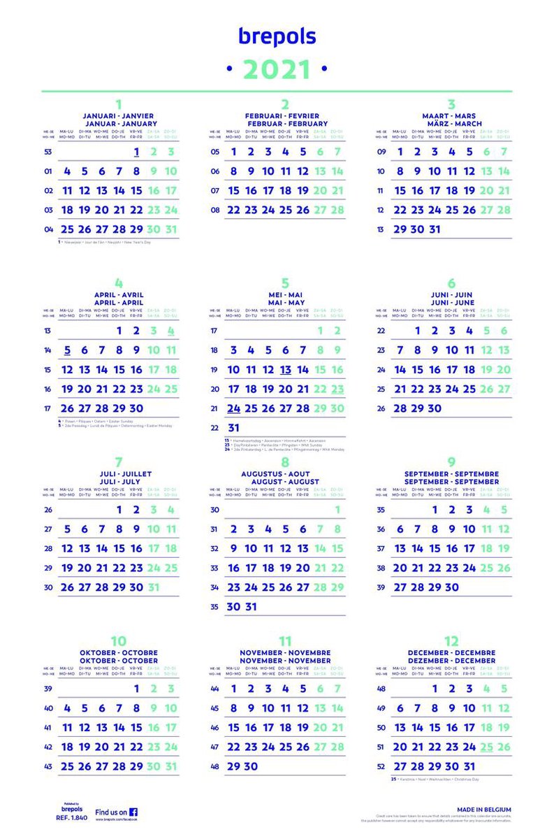Brepols Kalender 2021 • Jaarkalender Poster • 40 X 60,5 Cm • Overzicht  Feestdagen En... | Bol.Com