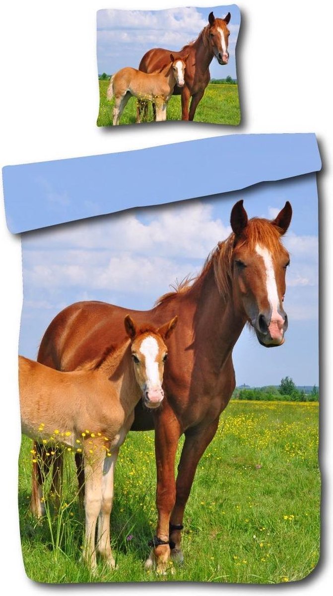Leuke Kinder Katoen Dekbedovertrek Eenpersoons Paard | 140x200 | Fijn Geweven | Zacht En Ademend