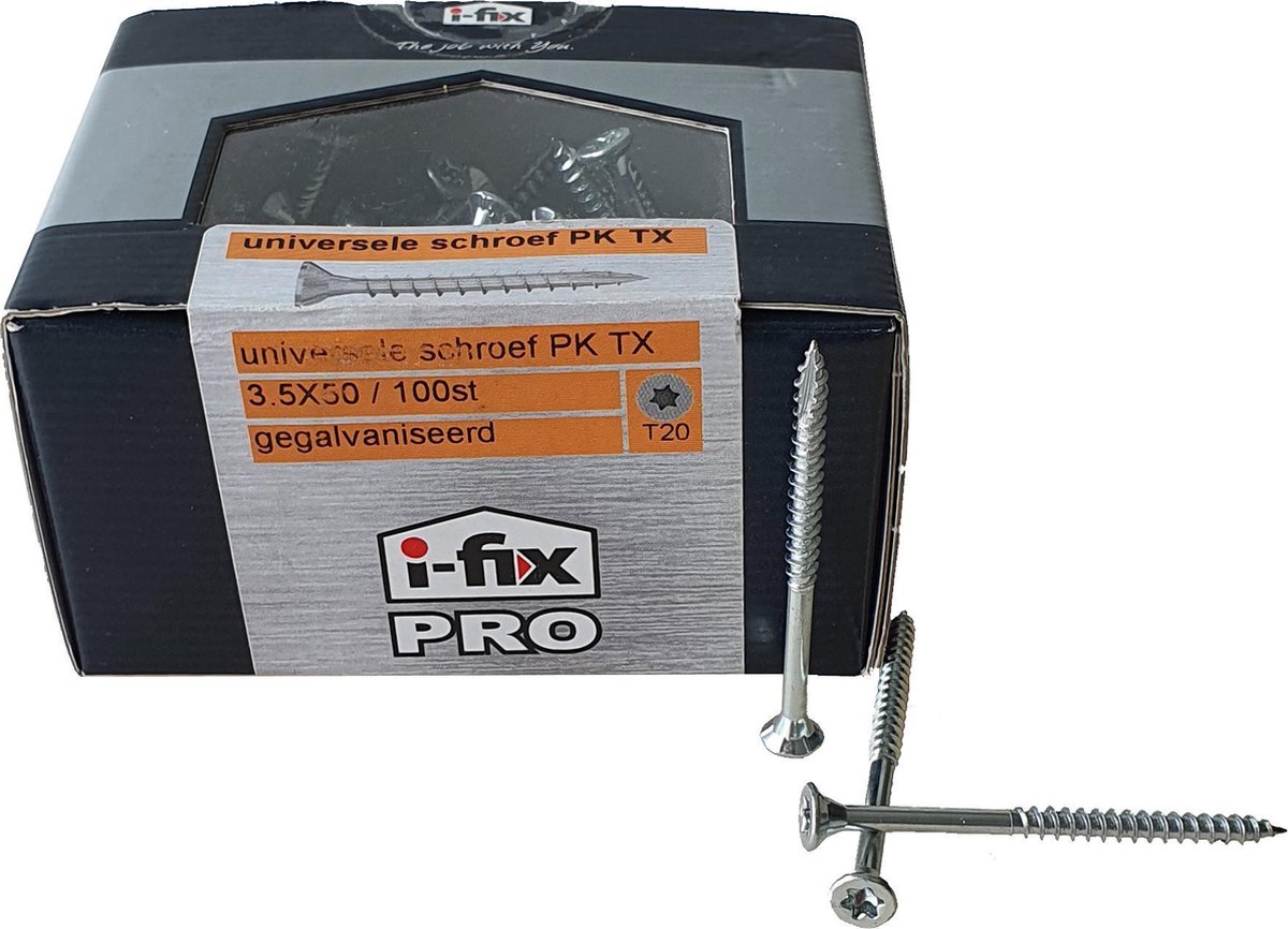 Hout schroef pro. 3.5 x 50mm. lang .platkop-torx. verzinkt. 100stuks universele houtschroeven. Ifix-pro