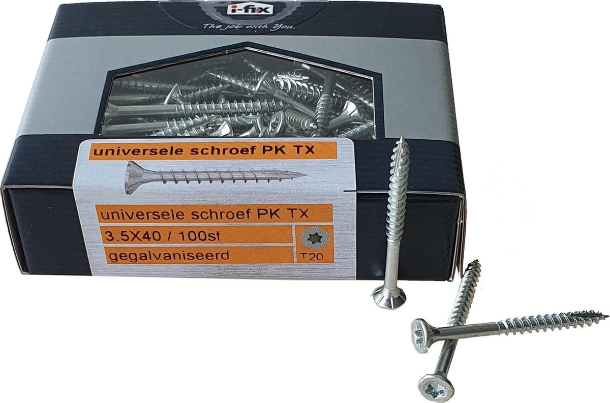Universele Schroef. 3,5x40mm. lang. Verzinkt. Platkop-Torx-2. Ifix-Professional. 100 stuks Houtschroeven.