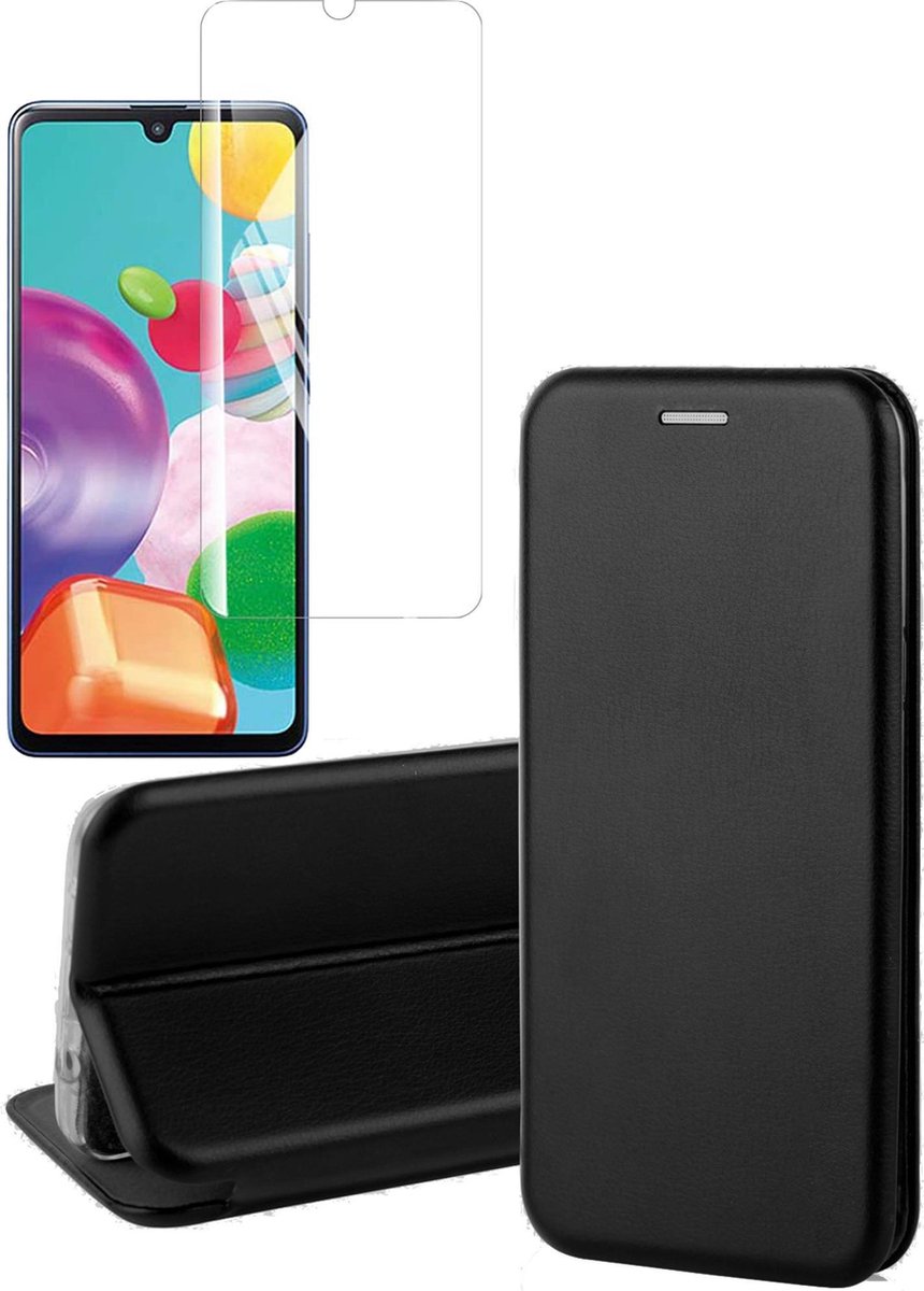Hoesje geschikt voor Samsung Galaxy A41 - Screen Protector GlassGuard - Book Case Leer ThinShield Zwart & Screenprotector