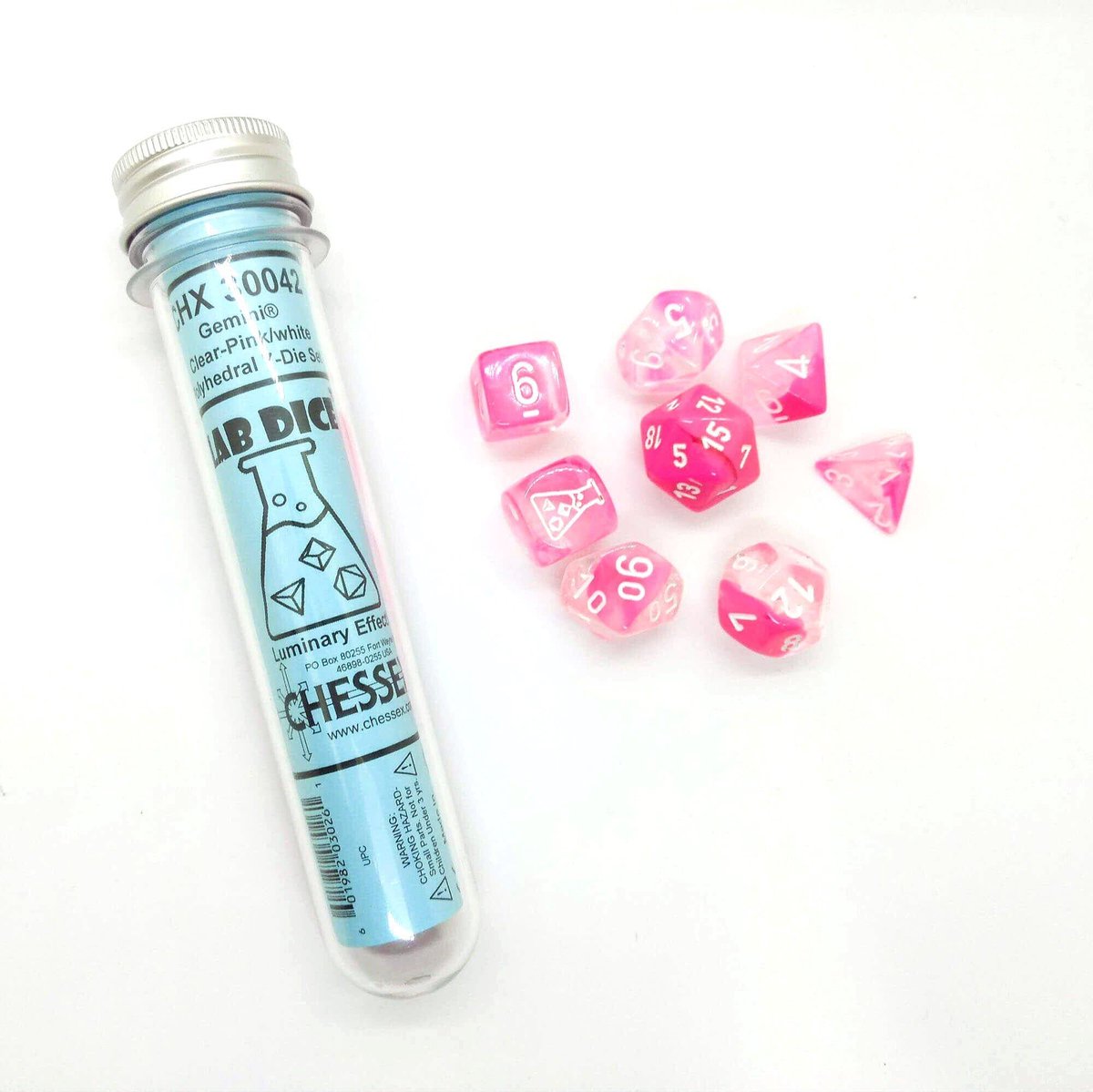 Chessex 8-Die set Lab Dice Gemini Luminary Clear-Pink/White