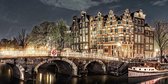JJ-Art (Canvas) | Brug over de Prinsengracht in Amsterdam in de avond in olieverf look - woonkamer | Nederland, gracht, stad | Foto-Schilderij print op Canvas (canvas wanddecoratie) | KIES JE