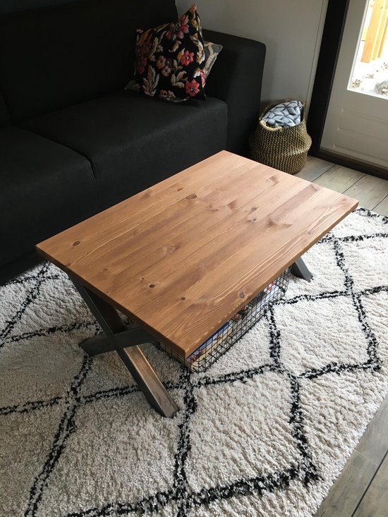 Table basse en bois d'échafaudage massif industriel couleur marron| Cadre en X