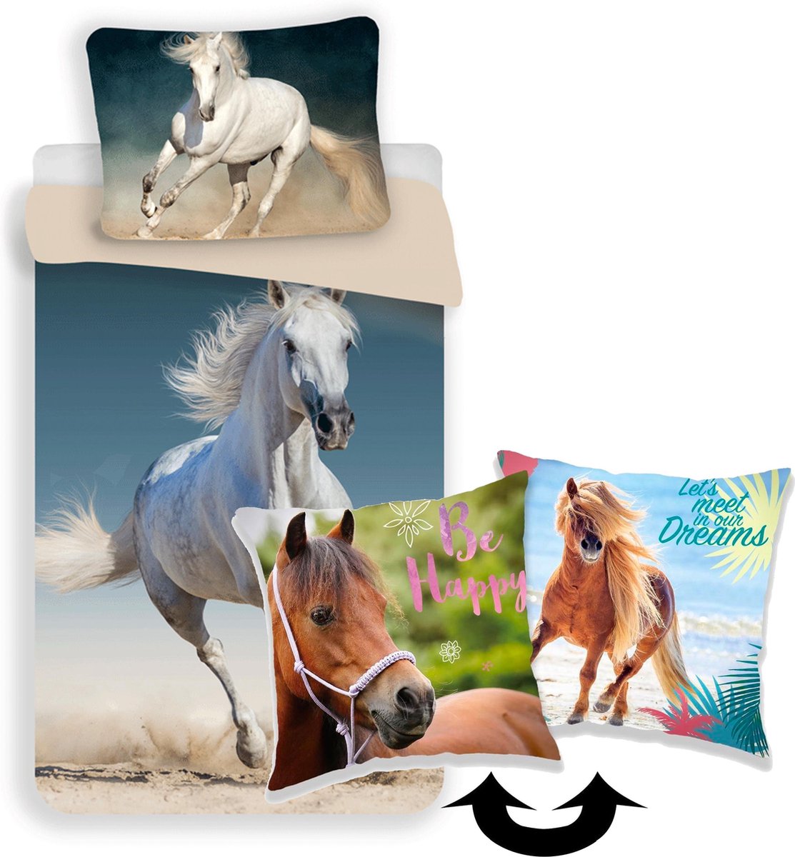 Paarden dekbedovertrek set 140 x 200 cm, incl. 2 in 1 paarden
