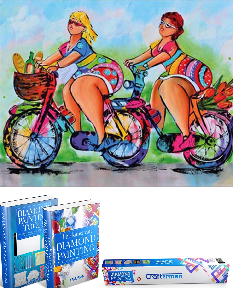 Crafterman™ Diamond Painting Pakket Volwassenen Dikke dames op de fiets 30x40cm volledige bedekking vierkante steentjes 34 verschillende kleuren Met tijdelijk 2 E-Books
